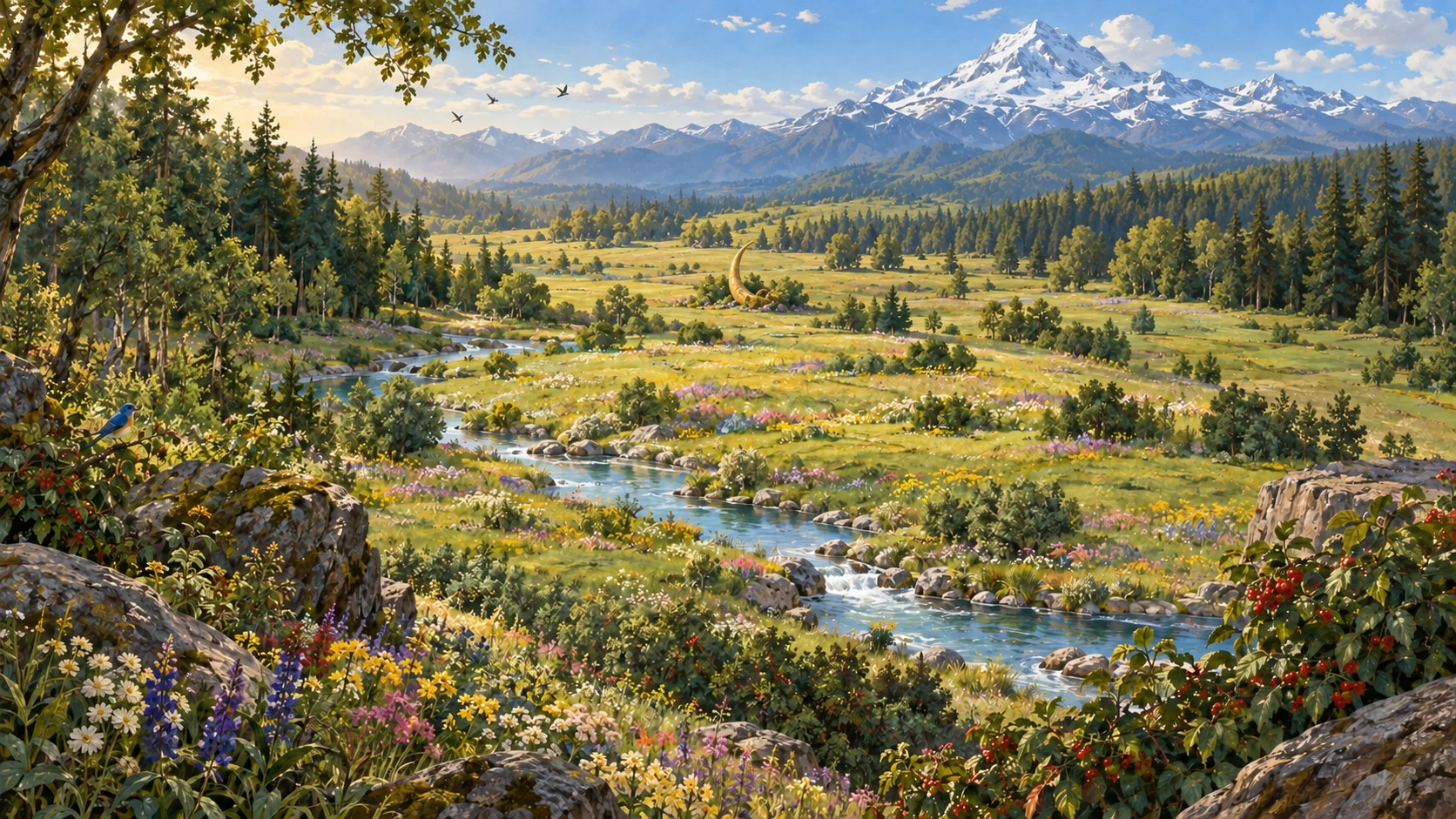 A painted interpretation of the fiftieth arena’s meadow and surrounding landscape