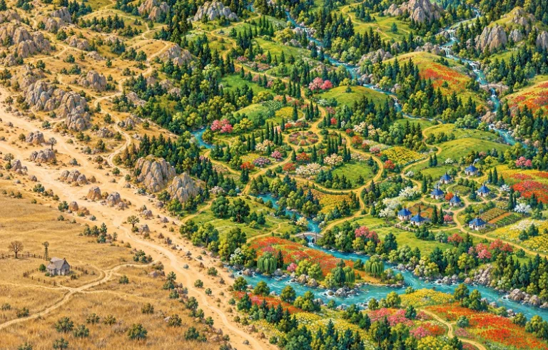 An aerial painted map of patchwork fields, rivers and a winding road