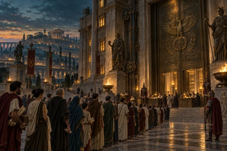 A crowd gathered before a monumental Roman building, painted for the atlas