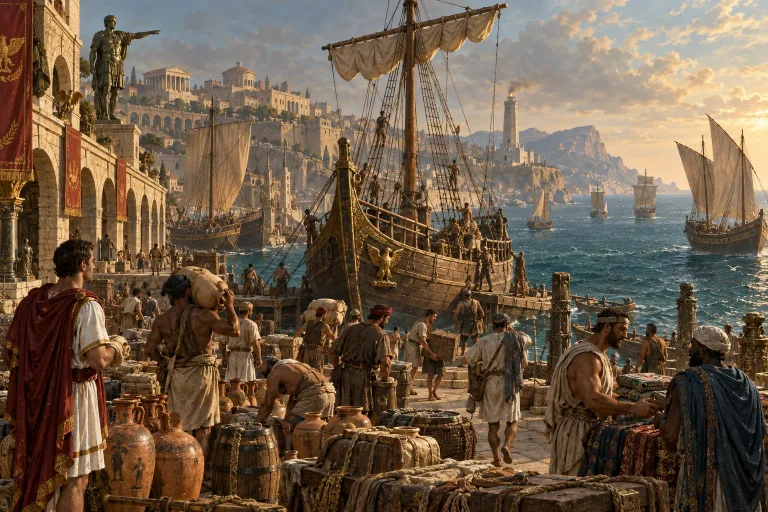 A busy harbour with tall ships and cargo, painted for the young readers’ shelf