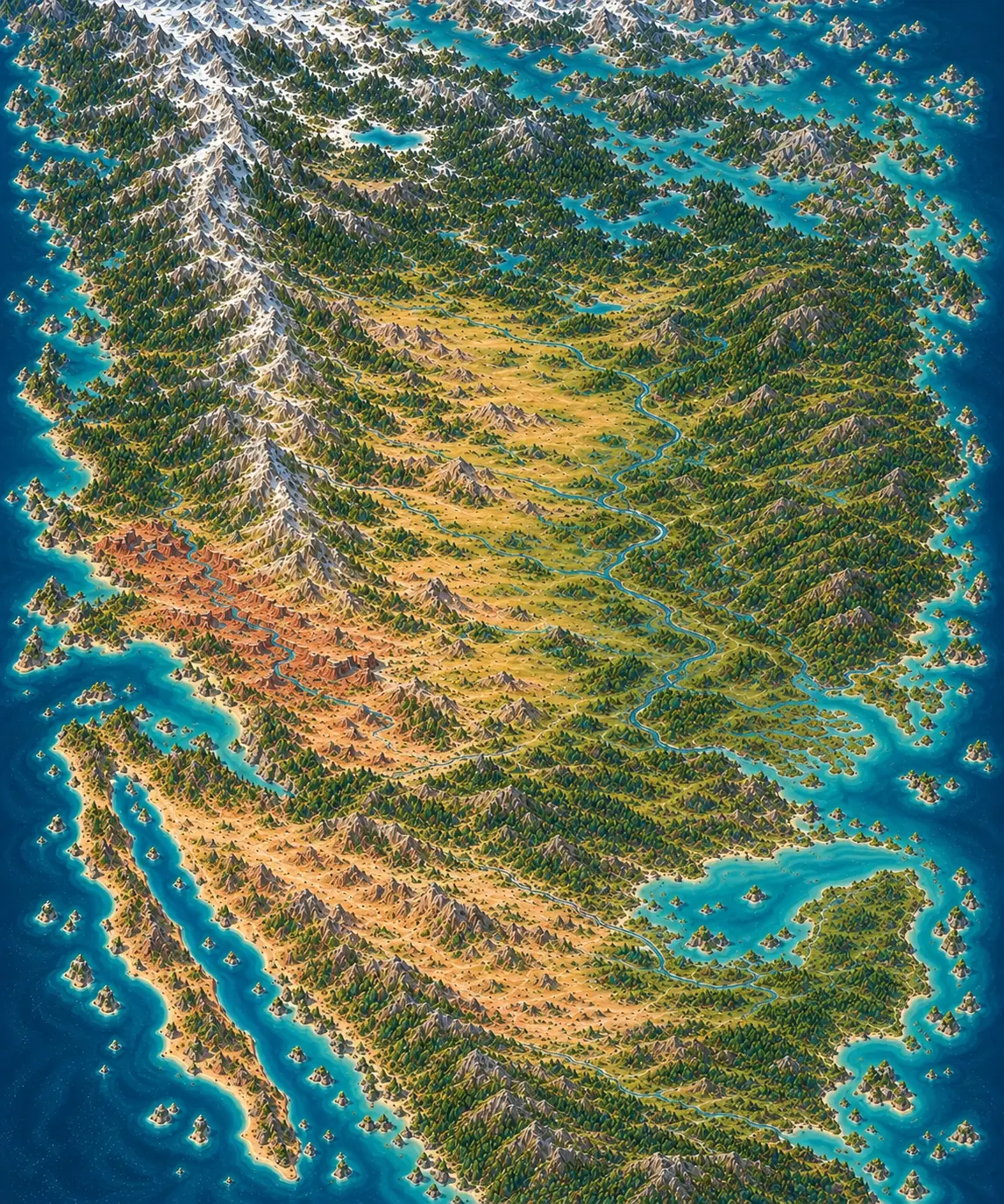 An imagined North American landscape with forests, mountains, rivers, and coastline