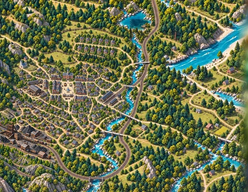 District 12 with painted streets, homes, countryside and its connected railway