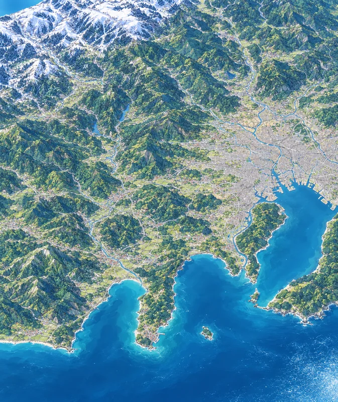 Original painted map of Shimoda’s harbour, river, streets and wooded hills