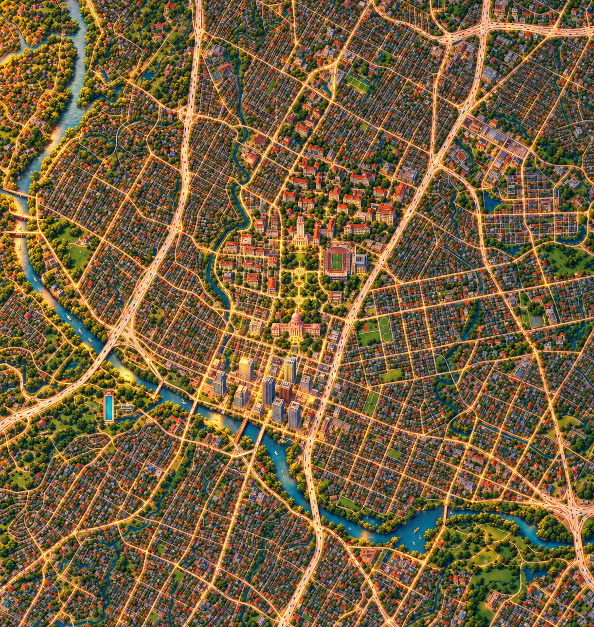 Austin and Lady Bird Lake in golden evening light