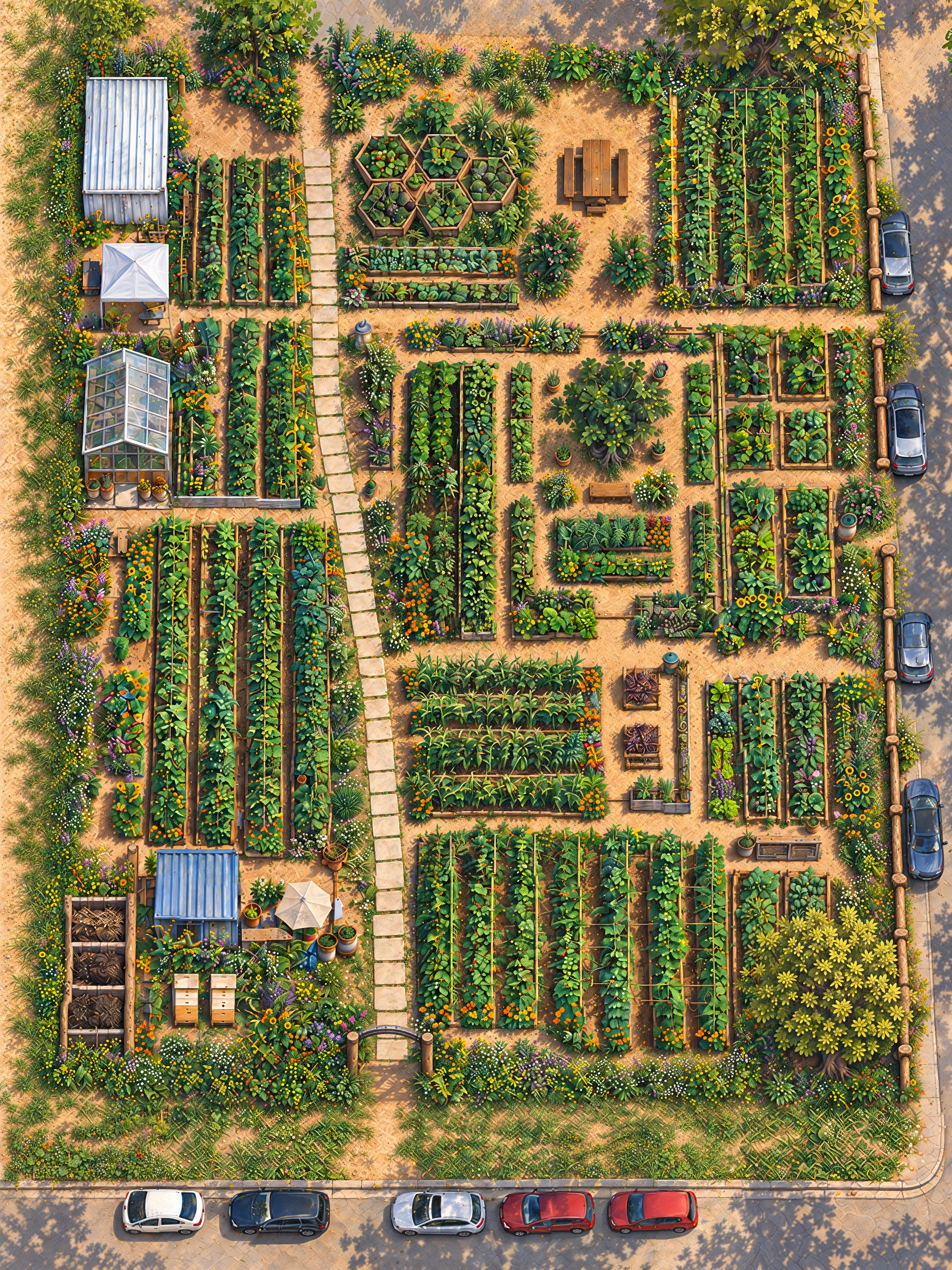 The illustrated Este Garden from above, with planted beds, stepping-stone paths, a greenhouse, trees, west-side beehives and the surrounding streets